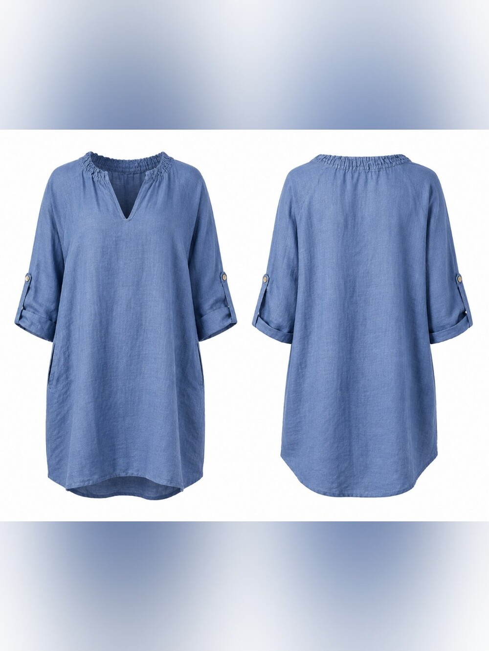 Made in Italy 100% Linen Blue Tunic Shirt Dress Roll Tab Sleeve Pockets M L